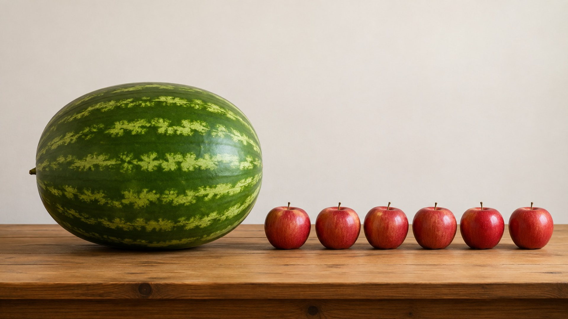 A halved watermelon beside a scatter of apples on a wooden surface, the watermelon many times the size of any apple.