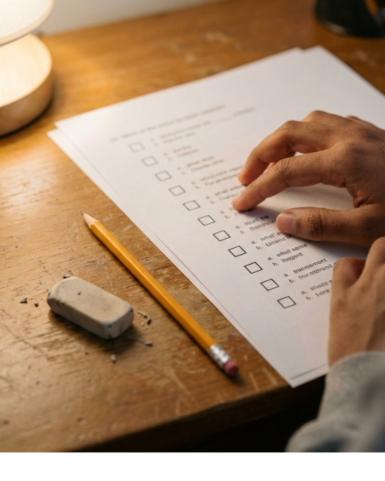 A hand holds a pencil over a printed answer sheet with rows of empty check boxes; an eraser and a desk lamp sit beside it.