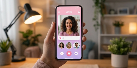 A hand holds a phone showing a dating-app profile with a smiling woman's photo and a row of like buttons.