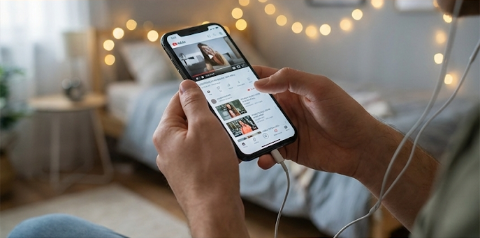 Two hands scroll a phone showing a grid of short videos, string lights glowing behind.