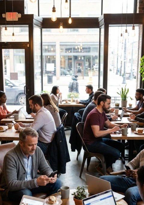 People at cafe tables working on laptops and phones, seen from above in a bright, high-windowed room.