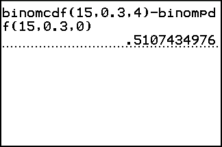 The TI-84 Plus display showing binomcdf(15,0.3,4) minus binompdf(15,0.3,0) and its result, 0.5107434976.