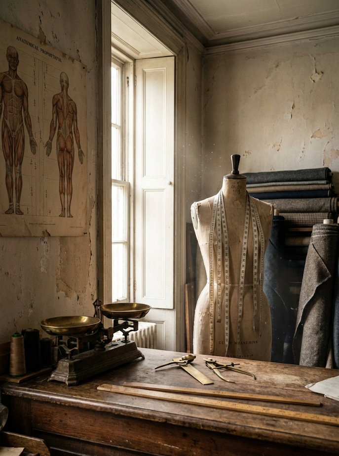 A tailor's workroom with dress forms, measuring instruments on a workbench, and an anatomical proportion chart on the wall.