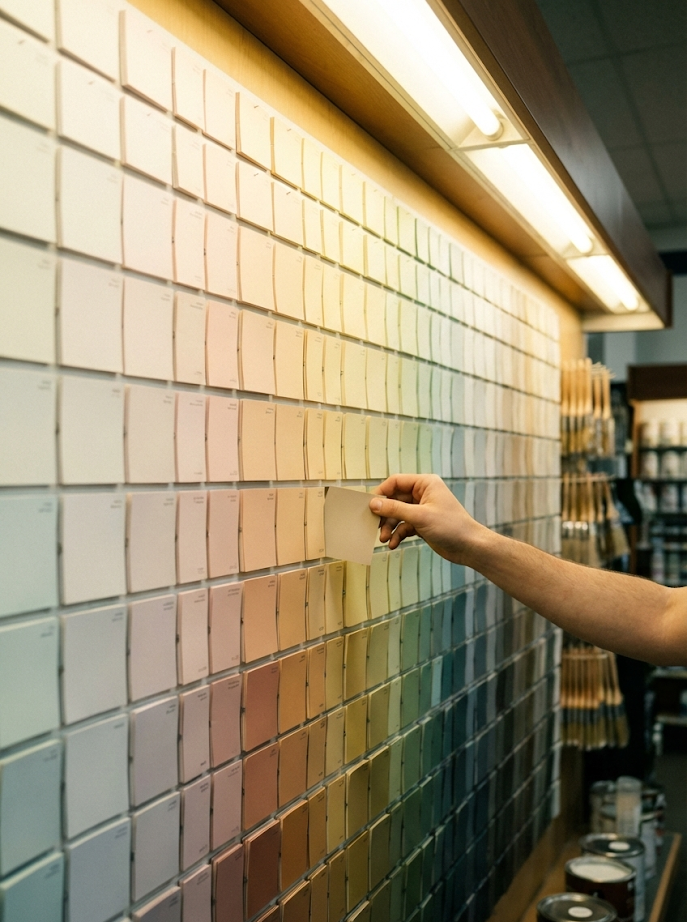 A person reaching toward a large wall of paint sample cards arranged in even rows of many colors.