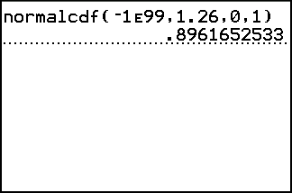 A TI-84 Plus home screen showing the command normalcdf(-1E99,1.26,0,1) and its result, 0.8961652533.