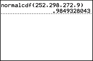 A TI-84 Plus home screen showing the command normalcdf(252,298,272,9) and its result, 0.9849328043.