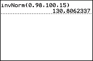 A TI-84 Plus home screen showing the command invNorm(0.98,100,15) and its result, 130.8062337.