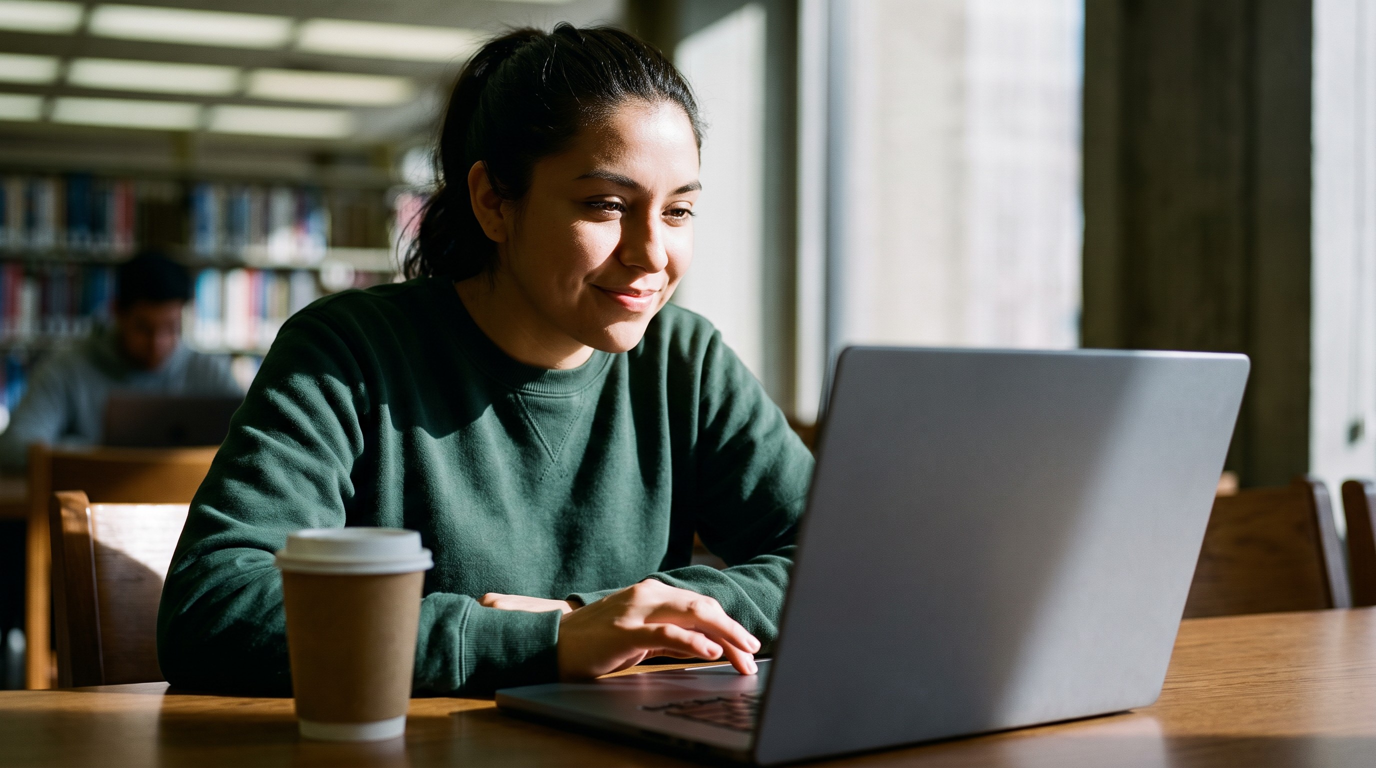 A college student at a library table, taking a quick test on a laptop.