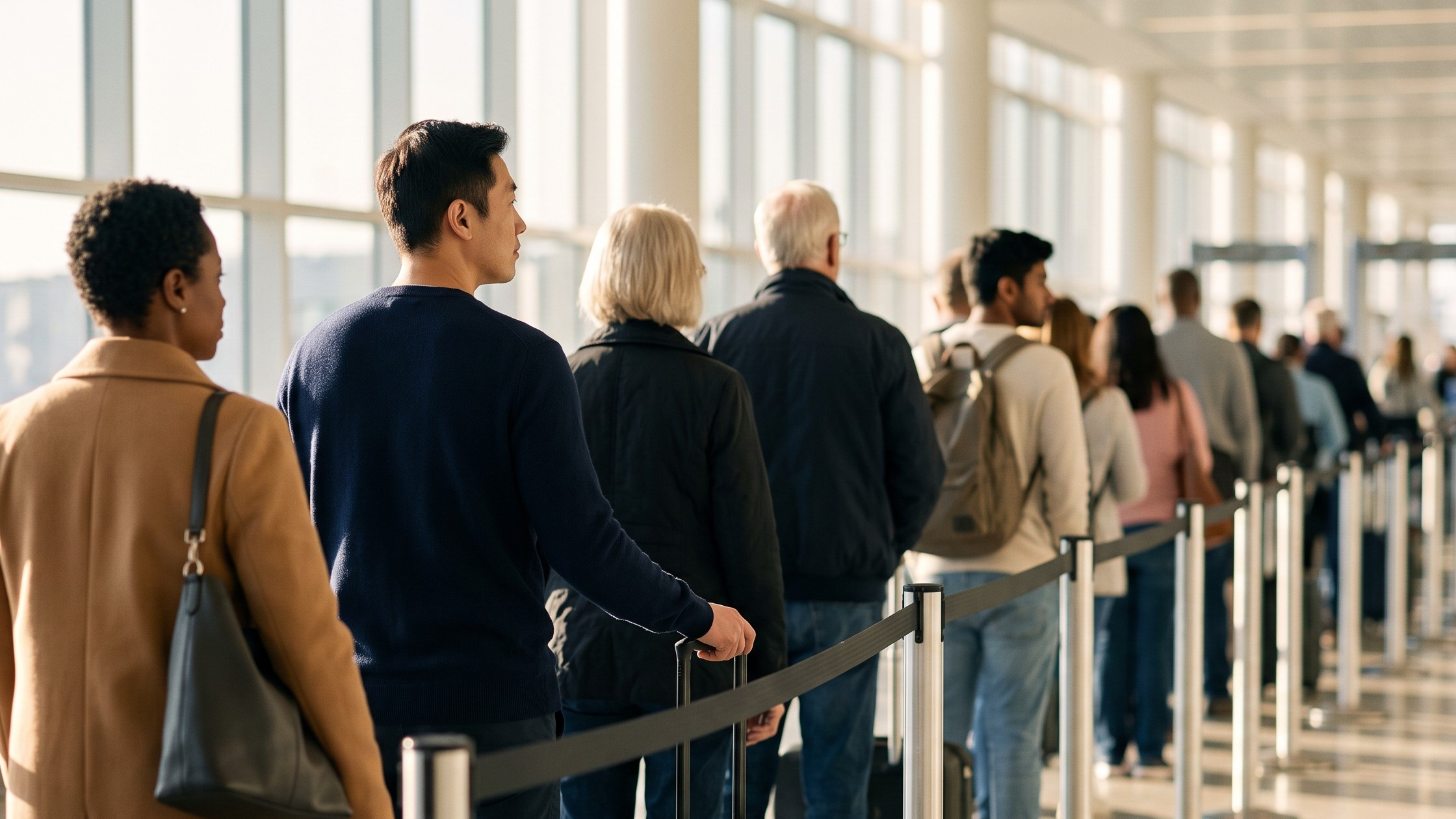 Travelers waiting in a long line at an airport security checkpoint in the morning.