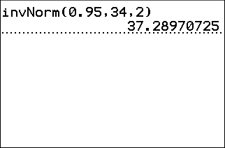 A TI-84 Plus home screen showing invNorm(0.95,34,2) and its result, 37.28970725.