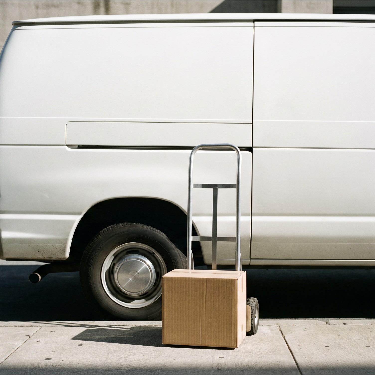A white delivery van parked at the curb, with a hand truck and a cardboard box beside it.