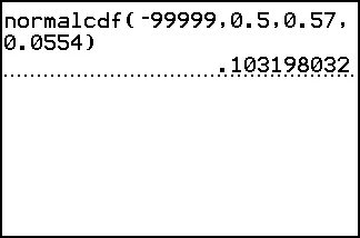 A TI-84 Plus home screen showing normalcdf(-99999,0.5,0.57,0.0554) and its result, 0.103198032.